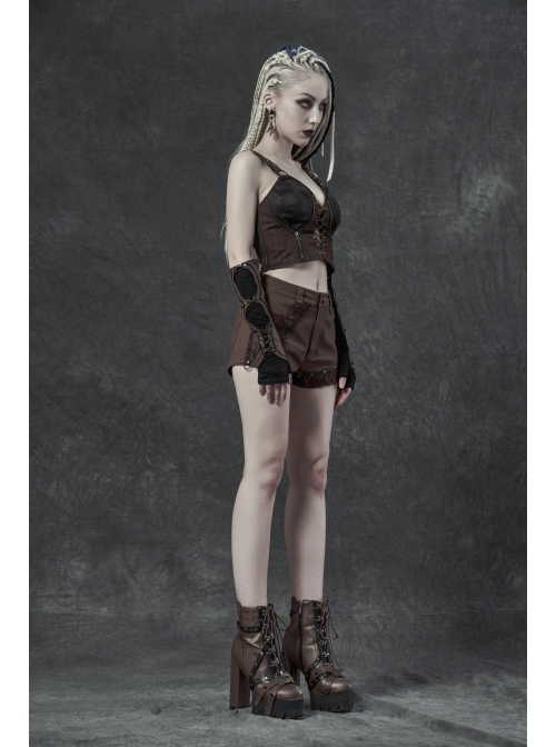 Leather Strap Front Chest Lace-Up Side Metal Zipper Brown Punk Short Vest