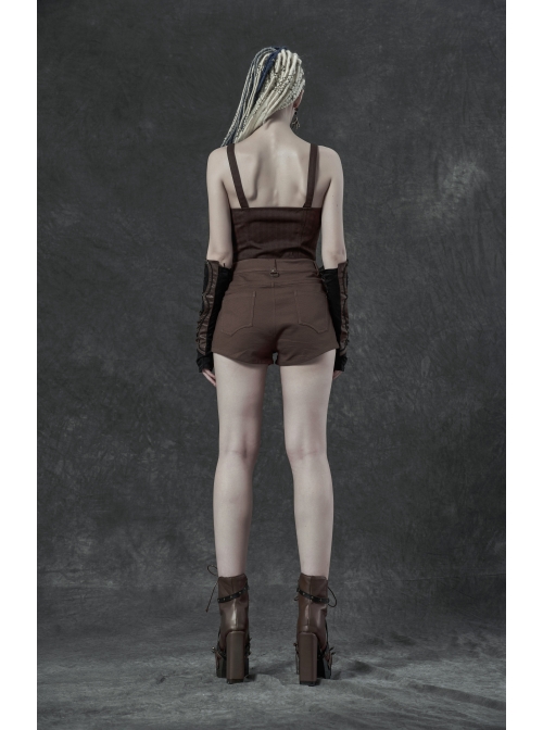 Leather Strap Front Chest Lace-Up Side Metal Zipper Brown Punk Short Vest