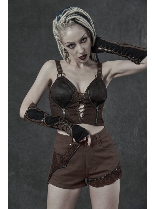 Leather Strap Front Chest Lace-Up Side Metal Zipper Brown Punk Short Vest