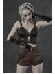Leather Strap Front Chest Lace-Up Side Metal Zipper Brown Punk Short Vest