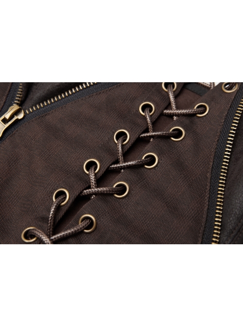 Leather Strap Front Chest Lace-Up Side Metal Zipper Brown Punk Short Vest