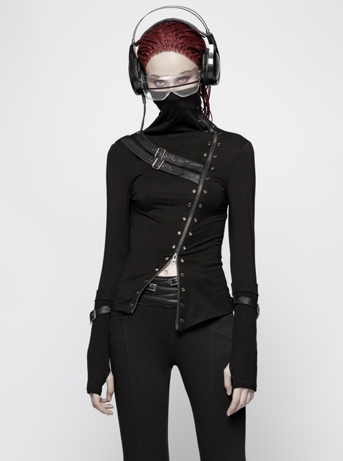 High Collar Front Metal Eyelets Zipper Leather Hasp Long Sleeve Black Punk T-Shirt
