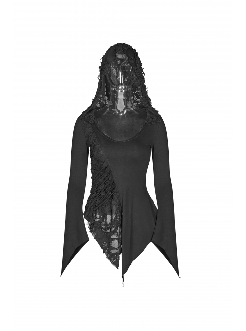 Broken Holes Flare Sleeve Irregular Sharp Corners Hem Black Punk Hooded Knit T-Shirt