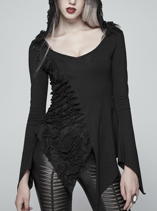 Broken Holes Flare Sleeve Irregular Sharp Corners Hem Black Punk Hooded Knit T-Shirt
