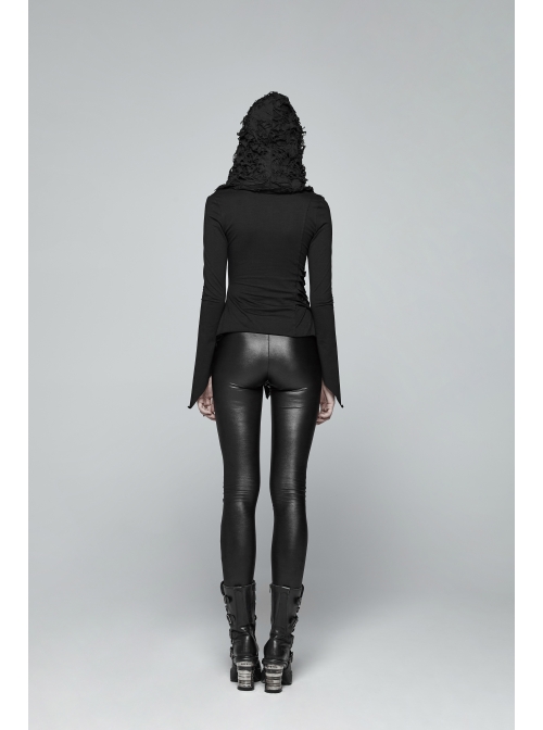 Broken Holes Flare Sleeve Irregular Sharp Corners Hem Black Punk Hooded Knit T-Shirt