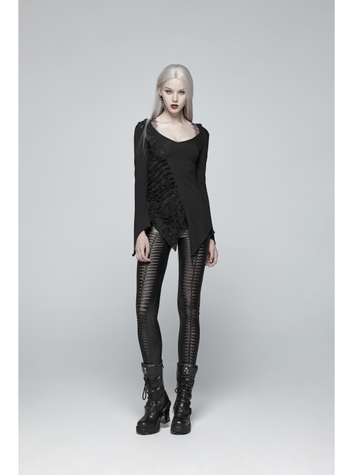 Broken Holes Flare Sleeve Irregular Sharp Corners Hem Black Punk Hooded Knit T-Shirt