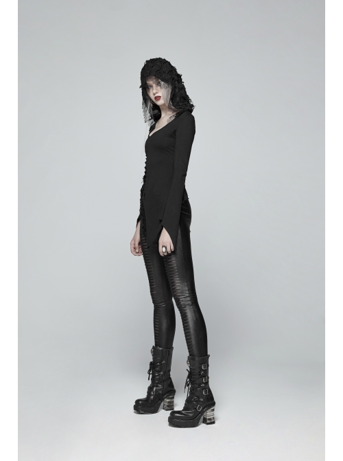 Broken Holes Flare Sleeve Irregular Sharp Corners Hem Black Punk Hooded Knit T-Shirt