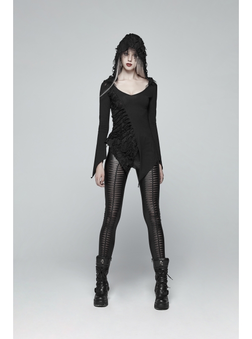 Broken Holes Flare Sleeve Irregular Sharp Corners Hem Black Punk Hooded Knit T-Shirt