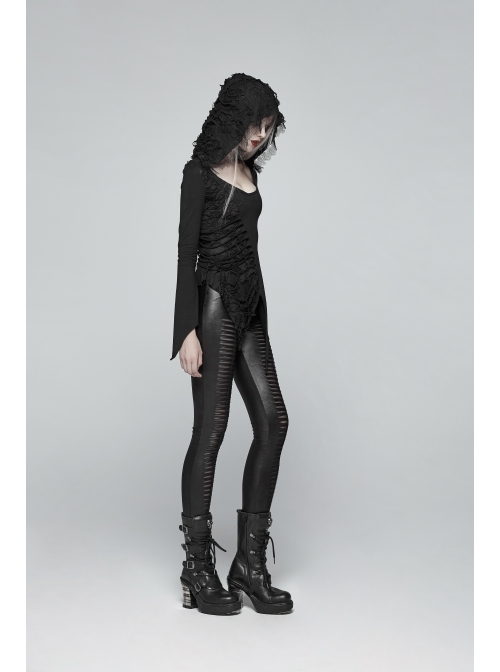 Broken Holes Flare Sleeve Irregular Sharp Corners Hem Black Punk Hooded Knit T-Shirt