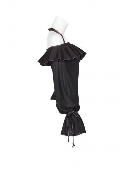Front Chest Frill Lantern Sleeves Lace-Up Black Punk Halter Handmade Inkjet Blouse