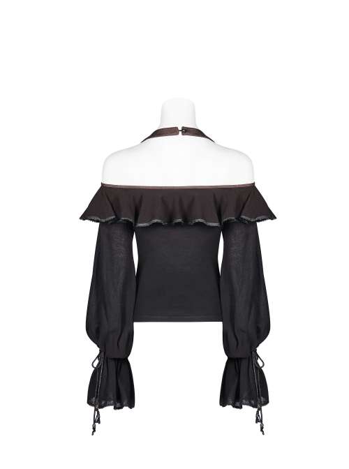 Front Chest Frill Lantern Sleeves Lace-Up Black Punk Halter Handmade Inkjet Blouse