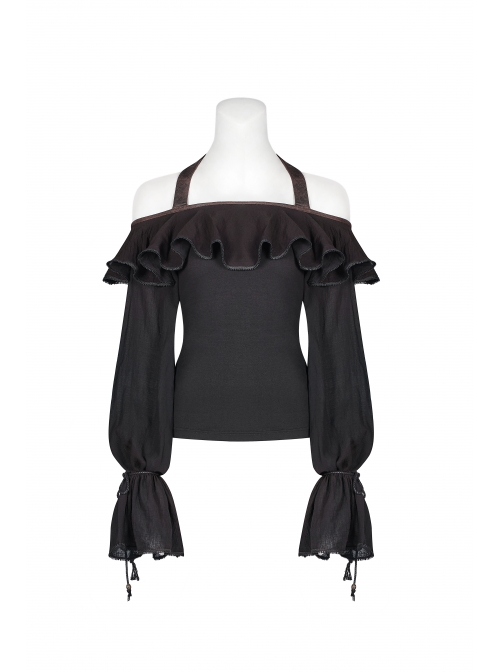Front Chest Frill Lantern Sleeves Lace-Up Black Punk Halter Handmade Inkjet Blouse