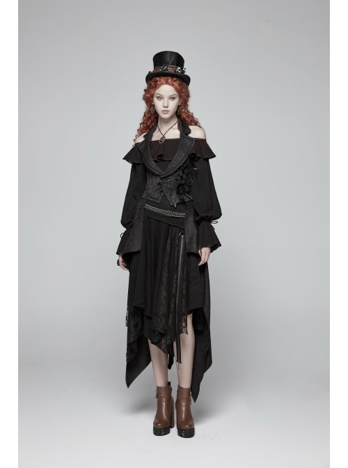 Front Chest Frill Lantern Sleeves Lace-Up Black Punk Halter Handmade Inkjet Blouse
