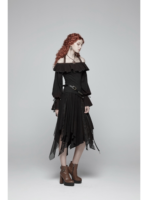 Front Chest Frill Lantern Sleeves Lace-Up Black Punk Halter Handmade Inkjet Blouse