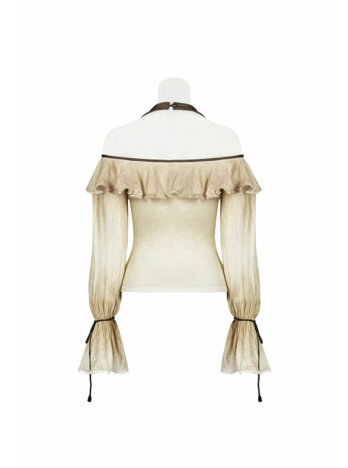 Front Chest Frill Lantern Sleeves Lace-Up White Punk Halter Handmade Inkjet Blouse