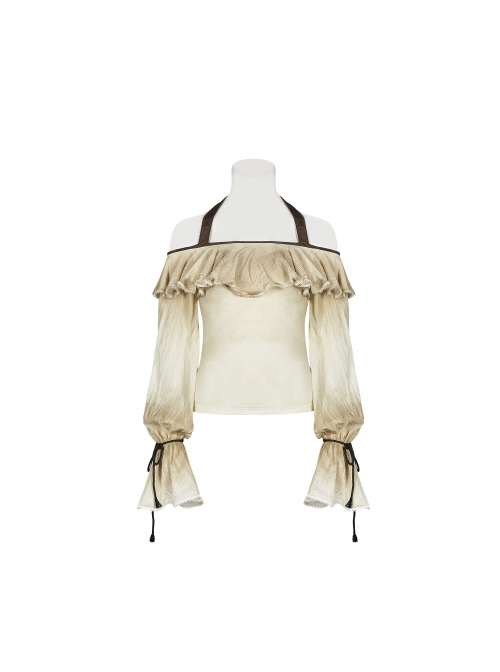 Front Chest Frill Lantern Sleeves Lace-Up White Punk Halter Handmade Inkjet Blouse