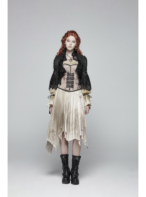Front Chest Frill Lantern Sleeves Lace-Up White Punk Halter Handmade Inkjet Blouse