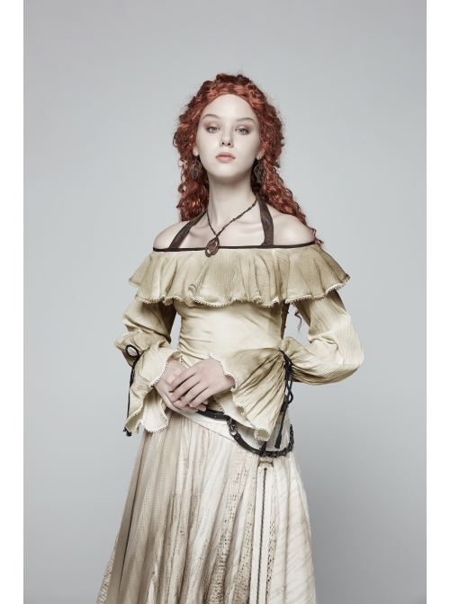 Front Chest Frill Lantern Sleeves Lace-Up White Punk Halter Handmade Inkjet Blouse