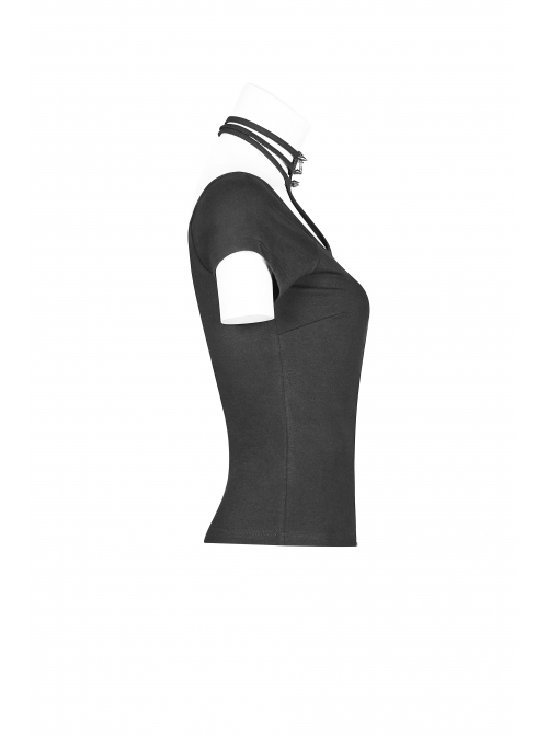 Rivet Knit Strap Collar Metal Zipper Short Sleeves Black Punk T-Shirt
