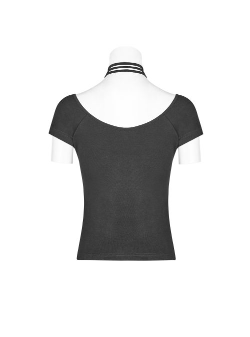 Rivet Knit Strap Collar Metal Zipper Short Sleeves Black Punk T-Shirt