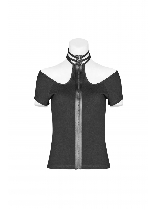Rivet Knit Strap Collar Metal Zipper Short Sleeves Black Punk T-Shirt
