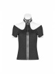 Rivet Knit Strap Collar Metal Zipper Short Sleeves Black Punk T-Shirt