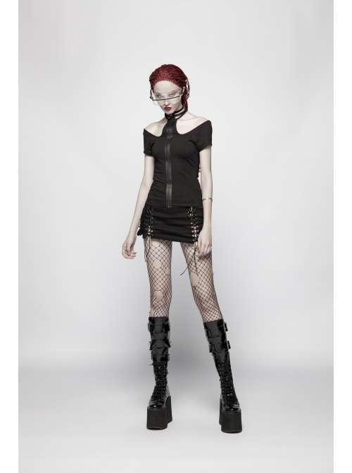 Rivet Knit Strap Collar Metal Zipper Short Sleeves Black Punk T-Shirt