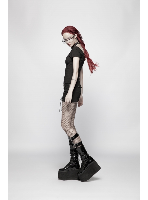 Rivet Knit Strap Collar Metal Zipper Short Sleeves Black Punk T-Shirt