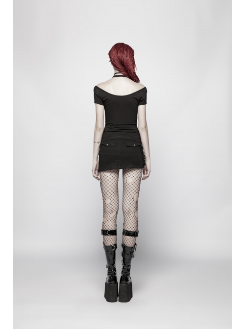 Rivet Knit Strap Collar Metal Zipper Short Sleeves Black Punk T-Shirt