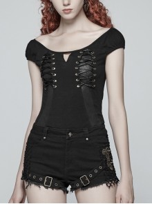 Boat Neck Small Bubble Sleeve Front Splice Pattern Knit Leather Lace-Up Black Punk Knit T-Shirt