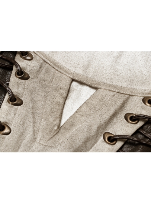 Boat Neck Small Bubble Sleeve Front Splice Brown Pattern Knit Leather Lace-Up White Punk Knit T-Shirt