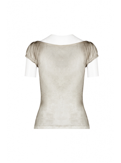 Boat Neck Small Bubble Sleeve Front Splice Brown Pattern Knit Leather Lace-Up White Punk Knit T-Shirt