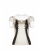 Boat Neck Small Bubble Sleeve Front Splice Brown Pattern Knit Leather Lace-Up White Punk Knit T-Shirt