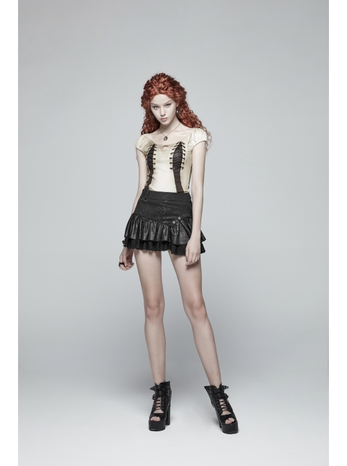 Boat Neck Small Bubble Sleeve Front Splice Brown Pattern Knit Leather Lace-Up White Punk Knit T-Shirt