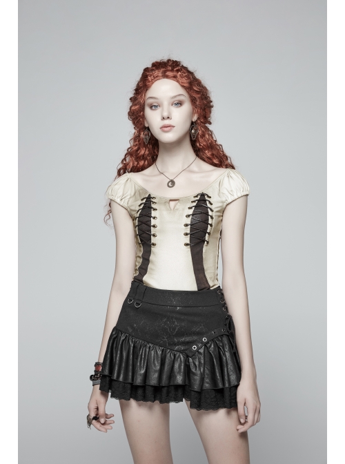 Boat Neck Small Bubble Sleeve Front Splice Brown Pattern Knit Leather Lace-Up White Punk Knit T-Shirt