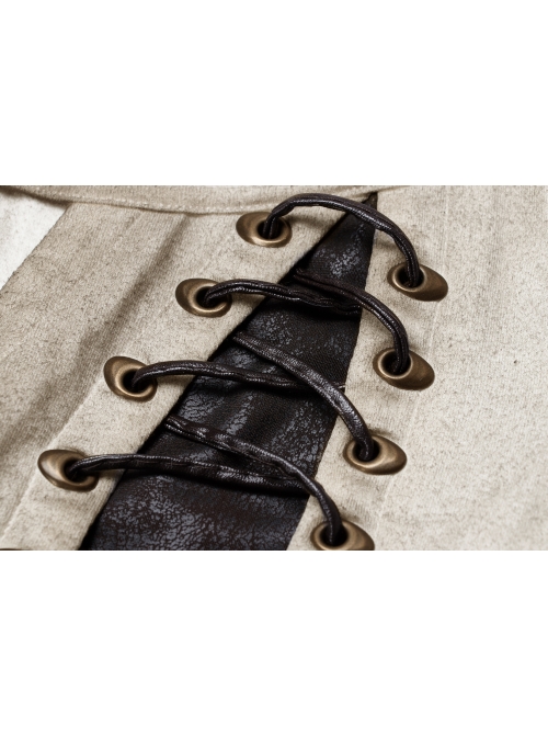 Boat Neck Small Bubble Sleeve Front Splice Brown Pattern Knit Leather Lace-Up White Punk Knit T-Shirt