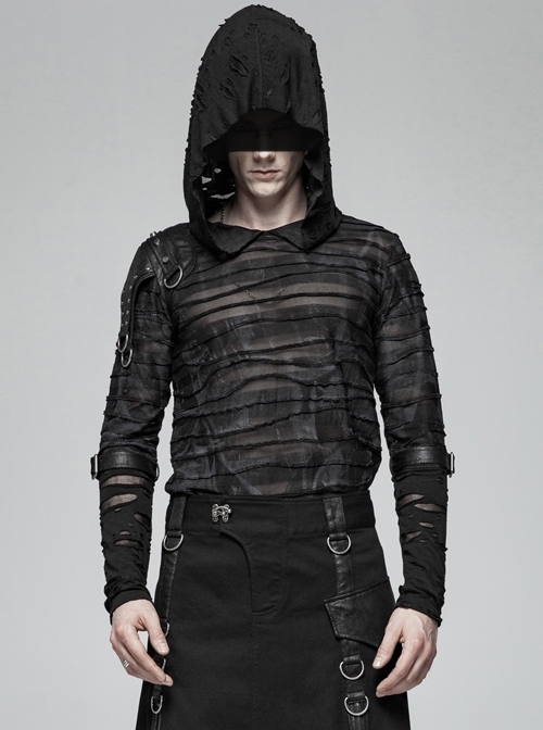 Dark Pattern Slight Perspective Shoulder Leather Hasp Long Sleeves Splice Broken Holes Cuff Black Punk Hooded T-Shirt