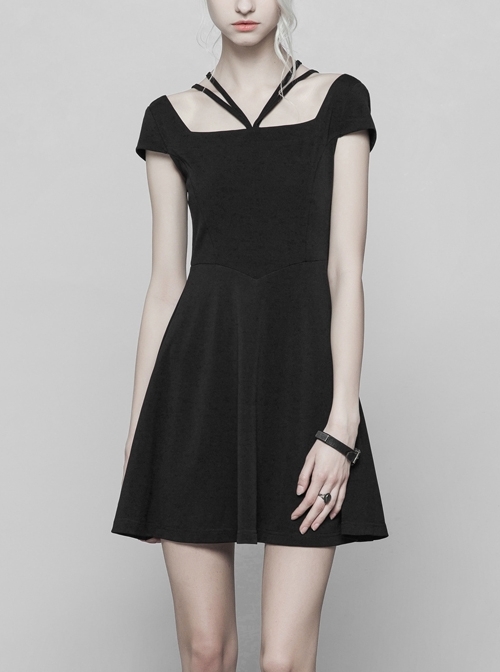 Gothic Female Black Lace Stitching High Waist Dress