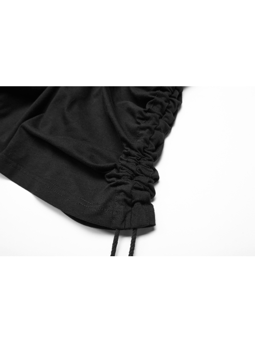 Shoulder Braided Belt Long Sleeves Side Lace-Up Irregular Sharp Corner Hem Black Punk Hooded Knit T-Shirt
