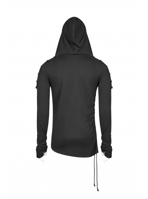 Shoulder Braided Belt Long Sleeves Side Lace-Up Irregular Sharp Corner Hem Black Punk Hooded Knit T-Shirt