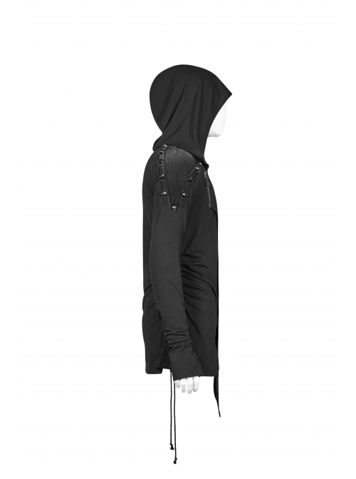 Shoulder Braided Belt Long Sleeves Side Lace-Up Irregular Sharp Corner Hem Black Punk Hooded Knit T-Shirt