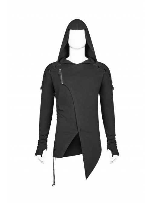 Shoulder Braided Belt Long Sleeves Side Lace-Up Irregular Sharp Corner Hem Black Punk Hooded Knit T-Shirt
