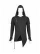 Shoulder Braided Belt Long Sleeves Side Lace-Up Irregular Sharp Corner Hem Black Punk Hooded Knit T-Shirt