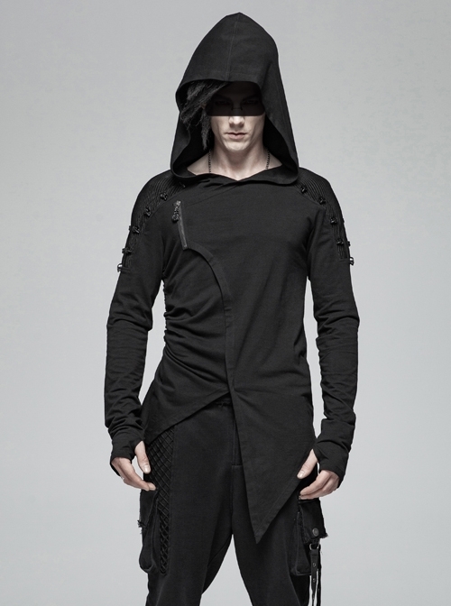 Shoulder Braided Belt Long Sleeves Side Lace-Up Irregular Sharp Corner Hem Black Punk Hooded Knit T-Shirt
