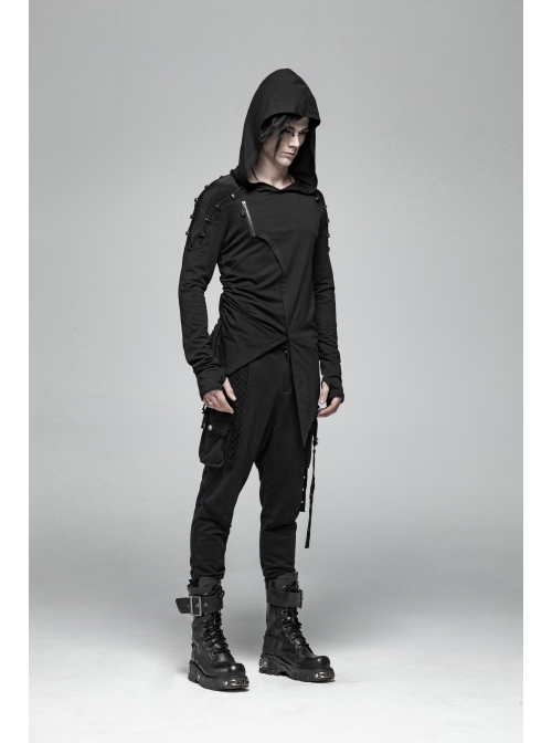 Shoulder Braided Belt Long Sleeves Side Lace-Up Irregular Sharp Corner Hem Black Punk Hooded Knit T-Shirt