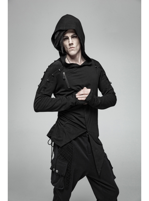 Shoulder Braided Belt Long Sleeves Side Lace-Up Irregular Sharp Corner Hem Black Punk Hooded Knit T-Shirt