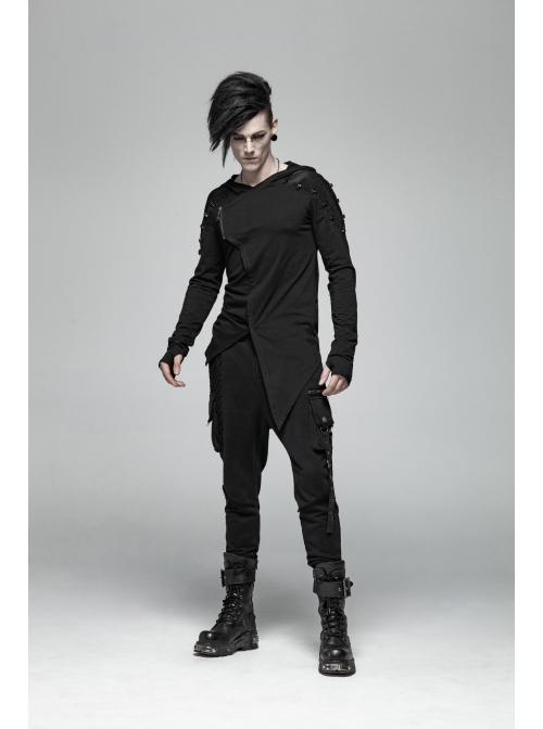 Shoulder Braided Belt Long Sleeves Side Lace-Up Irregular Sharp Corner Hem Black Punk Hooded Knit T-Shirt