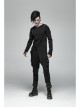 Shoulder Braided Belt Long Sleeves Side Lace-Up Irregular Sharp Corner Hem Black Punk Hooded Knit T-Shirt