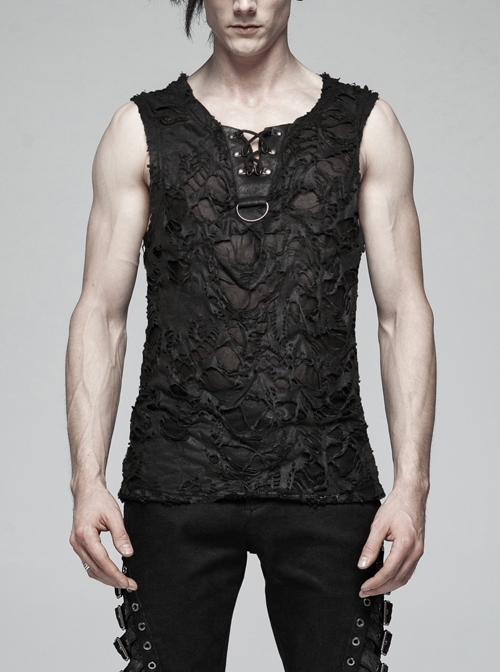 Front Chest Lace-Up Metal D-Buckle Black Punk Broken Holes Knit Vest