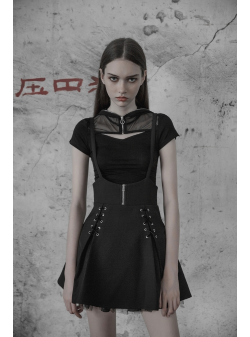Steam Punk Female Black High Waist Bandage Zipper Braces Skirt